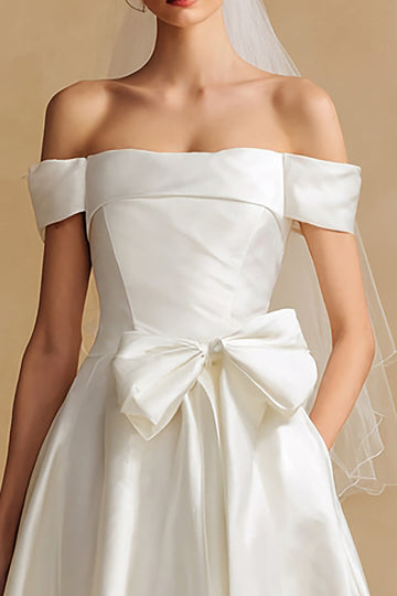 Off The Shoulder White A Line Courthouse Wedding Dress with Bow